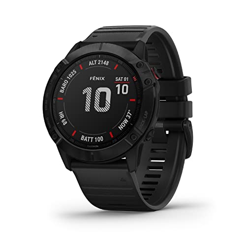 Garmin Fenix ​​6X Pro - Reloj GPS multideporte definitivo 51mm, funciones de mapeo, música, monitoreo de ritmo ajustado por grado y sensores de pulso, negro con banda negra