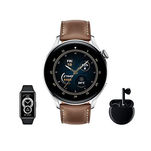 HUAWEI Watch 3 Classic + Freebuds 3 Negro + Band 6 - Smartwatch 4G con pantalla táctil 1.43'' AMOLED, eSIM para llamadas telefónicas sin móvil, 3 días de batería, 24/7, Correa de cuero Marrón