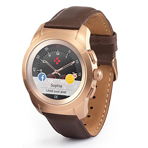 MyKronoz ZeTime Premium Reloj Inteligente híbrido 44mm con Agujas mecánicas sobre una Pantalla a Color táctil – Regular Cepillado Oro Rosa/Cuero Marron