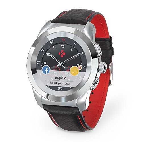 MyKronoz ZeTime Premium Reloj Inteligente híbrido 44mm con Agujas mecánicas sobre una Pantalla a Color táctil – Regular Polished Plateado/Costura roja y Negro Carbon