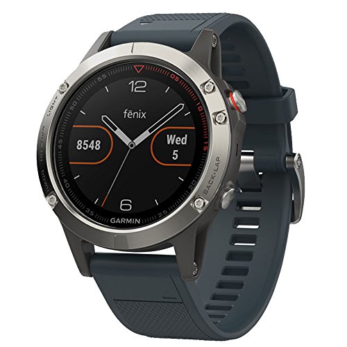 Garmin Fenix 5 - Reloj multideporte con GPS y medidor de frecuencia cardiaca, lente de cristal y bisel de acero inoxidable, 47 mm, Plata/Gris Granito